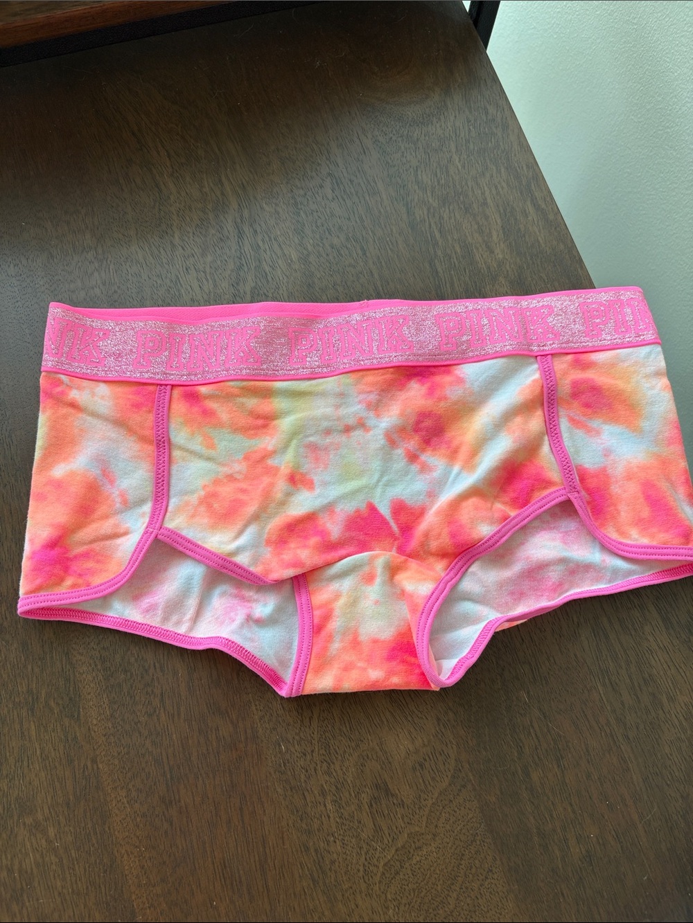 Victoria’s Secret PINK Glitter Logo Boyshort Panty Small Neon Orange Tie Dye NWT